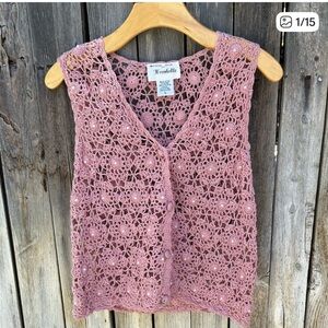Vintage Kroshetta Pearl Detail Crochet Vest Cotton Pink L